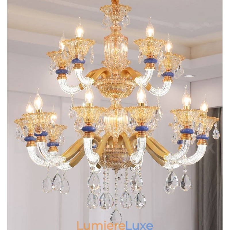 Lustre contemporain moderne à 15 (10+5) lumières en forme de bougie champagne avec cristal
