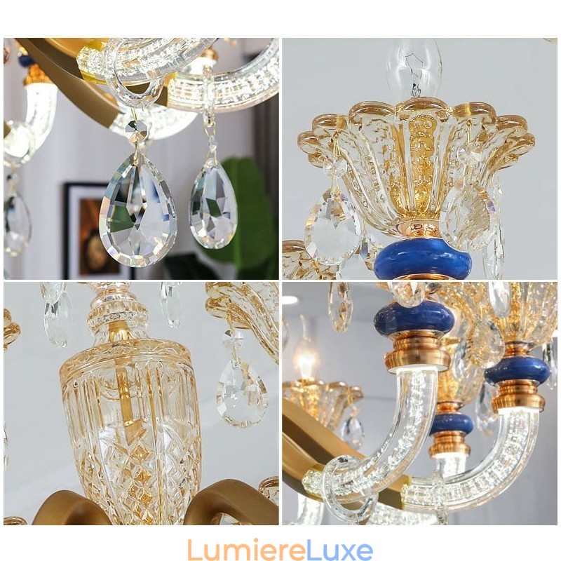 Lustre contemporain moderne à 15 (10+5) lumières en forme de bougie champagne avec cristal