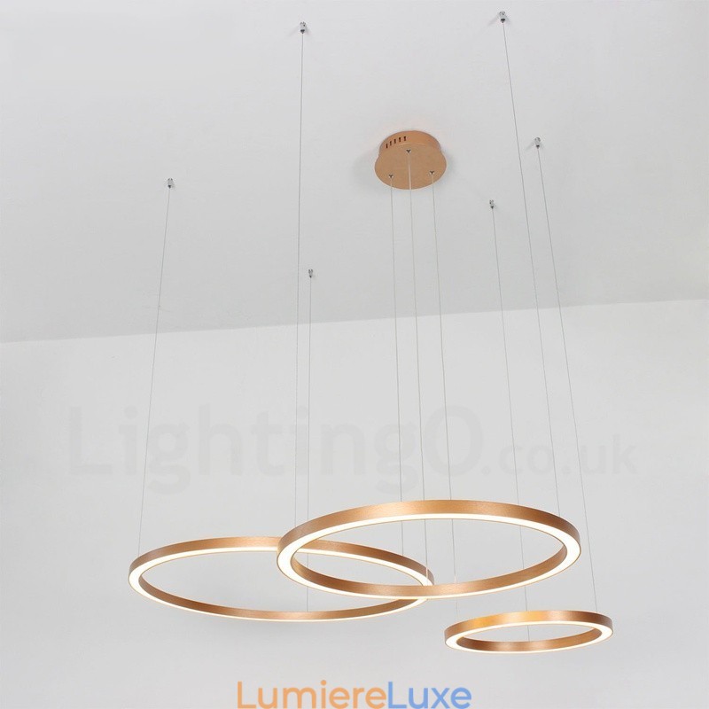 Suspension moderne contemporaine à 3 anneaux en alliage d'aluminium avec abat-jour en acrylique et Wi-Fi intelligent et réglable en or rose