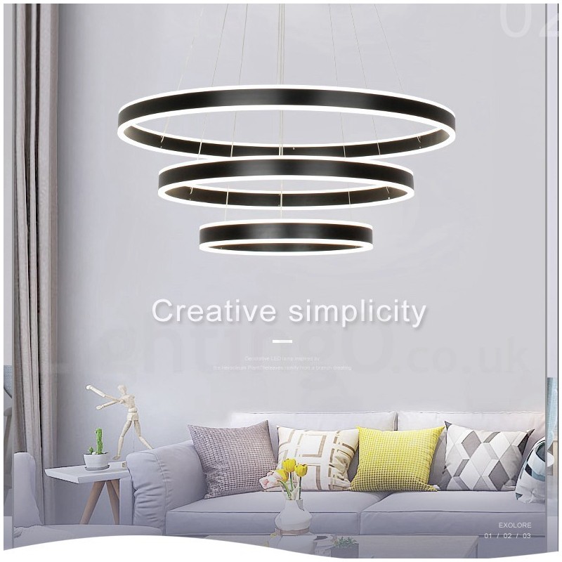 Suspension moderne et contemporaine, 3 anneaux et deux bandes, Wi-Fi intelligent et à intensité variable, avec abat-jour en acrylique