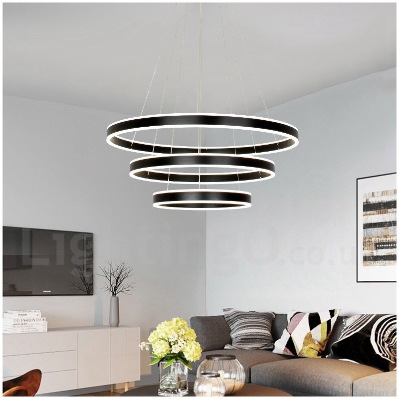 Suspension moderne et contemporaine, 3 anneaux et deux bandes, Wi-Fi intelligent et à intensité variable, avec abat-jour en acrylique