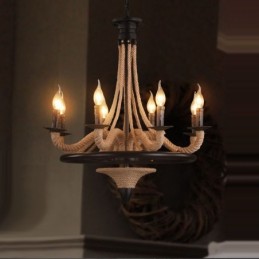 Lustre suspendu en corde de chanvre de style industriel à 8 bougies
