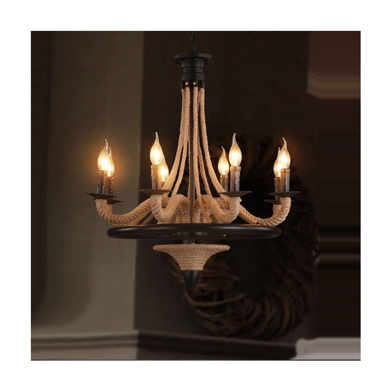 Lustre suspendu en corde de chanvre de style industriel à 8 bougies