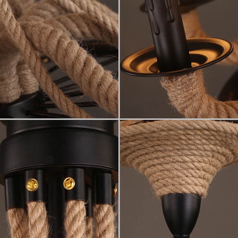 Lustre suspendu en corde de chanvre de style industriel à 8 bougies