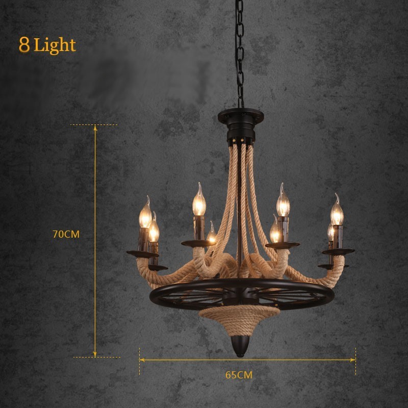 Lustre suspendu en corde de chanvre de style industriel à 8 bougies