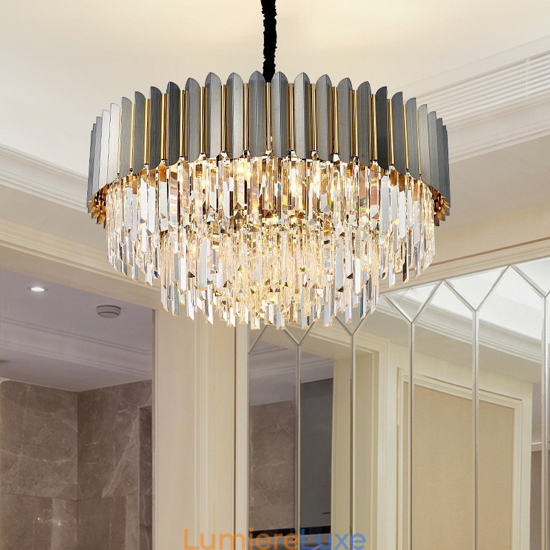 Lustre suspendu rond en cristal K9 noir et or de luxe postmoderne, salle d'exposition