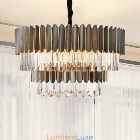 Lustre suspendu rond en cristal K9 noir et or de luxe à deux niveaux, style postmoderne Lustre suspendu rond en cristal K9 noir et or de luxe à deux niveaux, style postmoderne