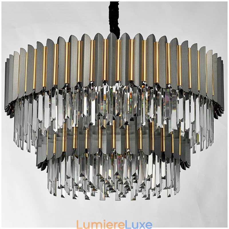 Lustre suspendu rond en cristal K9 noir et or de luxe à deux niveaux, style postmoderne