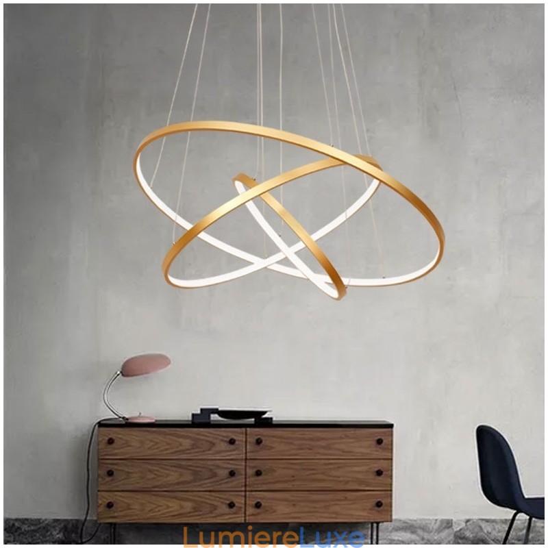 Suspension à intensité variable avec télécommande, design moderne doré à trois anneaux