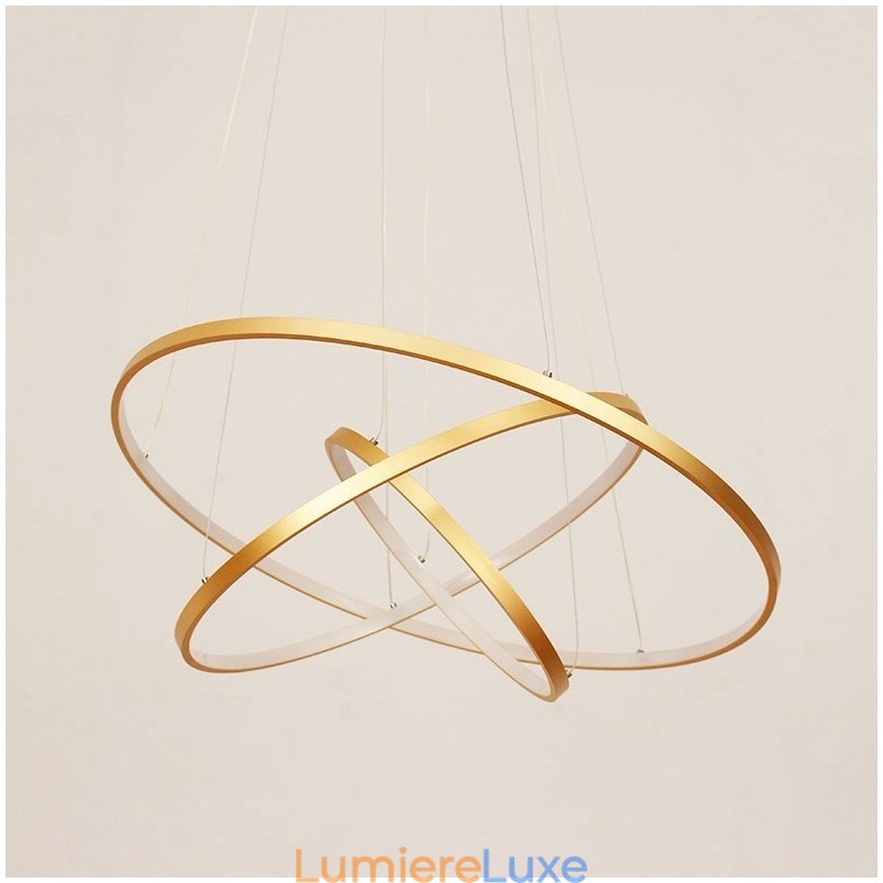 Suspension à intensité variable avec télécommande, design moderne doré à trois anneaux