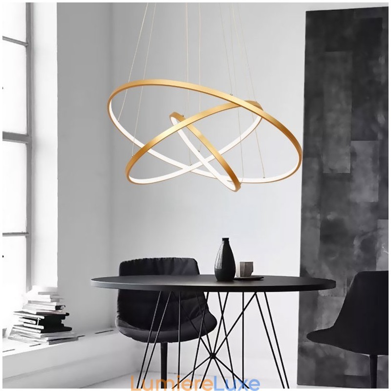 Suspension à intensité variable avec télécommande, design moderne doré à trois anneaux