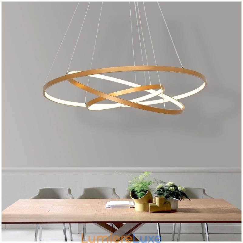 Suspension à intensité variable avec télécommande, design moderne doré à trois anneaux
