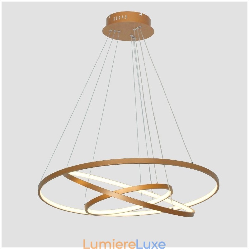 Suspension à intensité variable avec télécommande, design moderne doré à trois anneaux