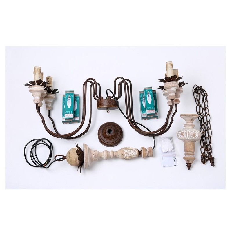 Lustre vintage en bois à 6 lumières