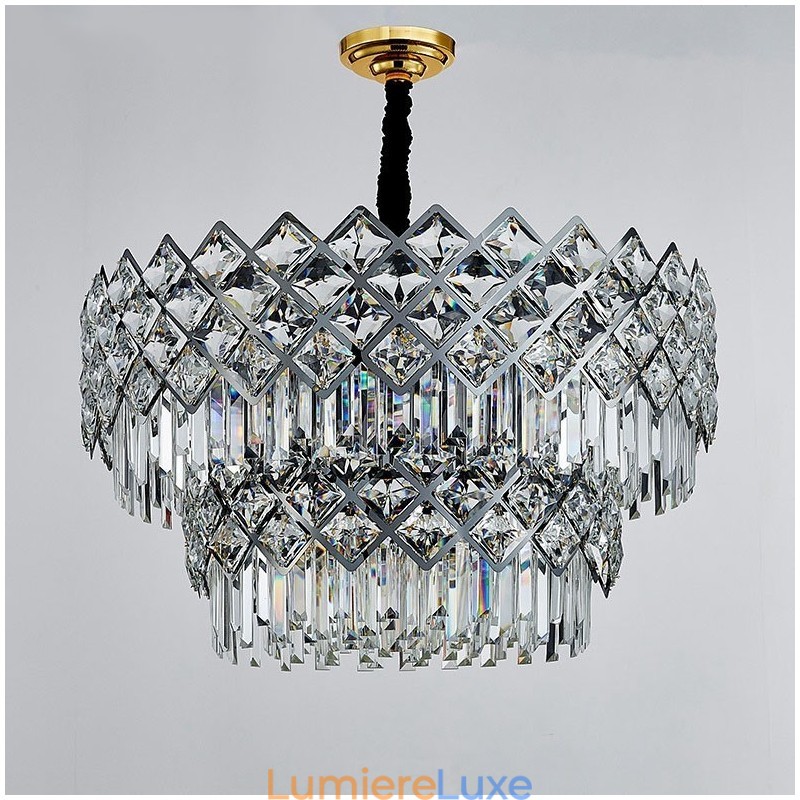 Lustre suspendu rond en cristal K9 noir et or de luxe à deux niveaux, style postmoderne