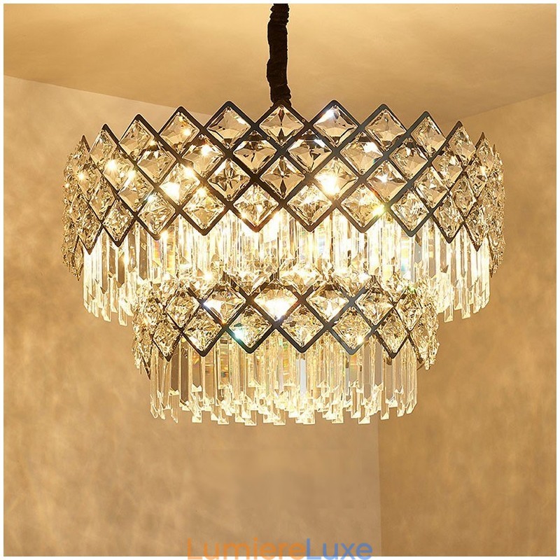 Lustre suspendu rond en cristal K9 noir et or de luxe à deux niveaux, style postmoderne