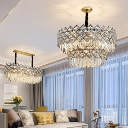 Lustre suspendu rond en cristal K9 noir et or de luxe à deux niveaux, style postmoderne
