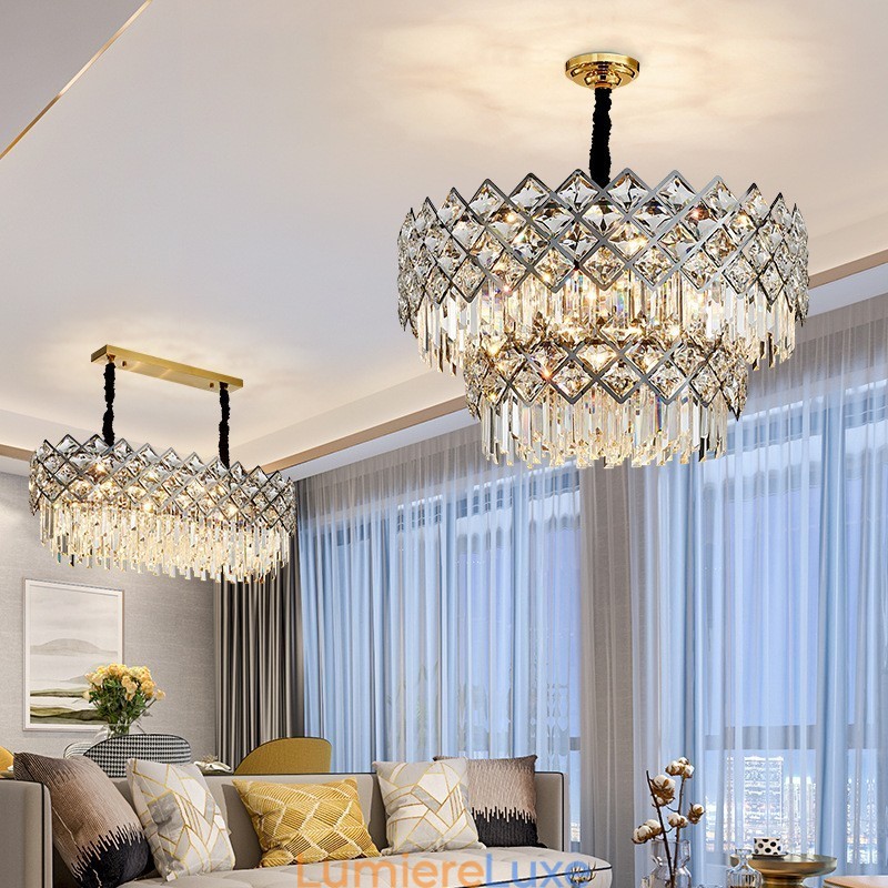 Lustre suspendu rond en cristal K9 noir et or de luxe à deux niveaux, style postmoderne