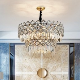 Lustre suspendu rond en cristal K9 noir et or de luxe à deux niveaux, style postmoderne