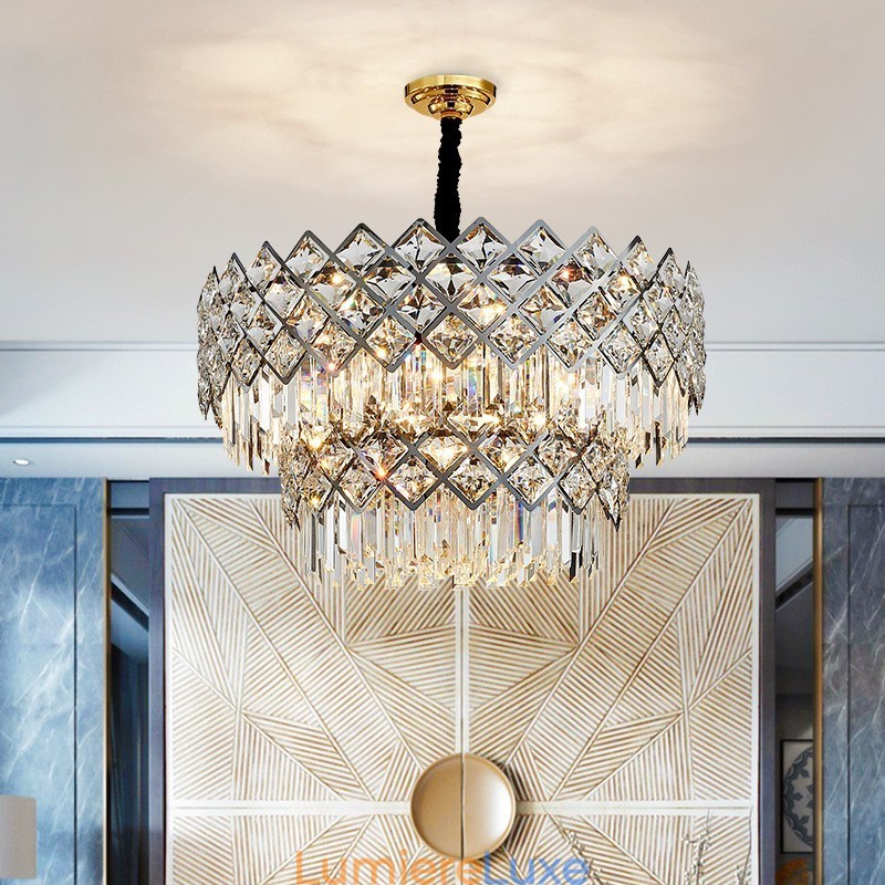 Lustre suspendu rond en cristal K9 noir et or de luxe à deux niveaux, style postmoderne