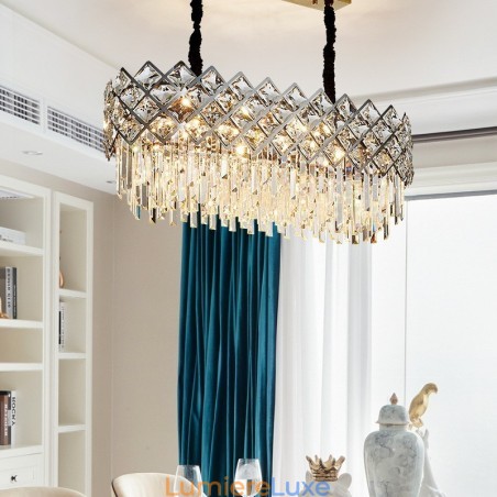 Lustre suspendu rond en cristal K9 argenté postmoderne de luxe Lustre suspendu rond en cristal K9 argenté postmoderne de luxe