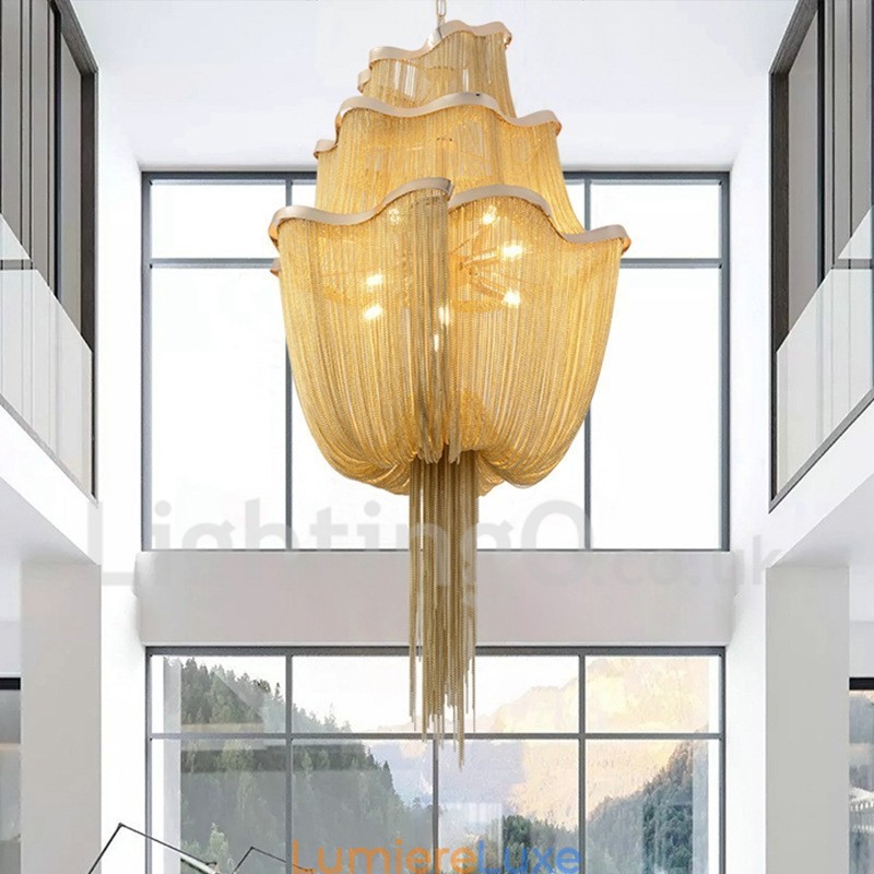 Lustre à pampilles design, suspension couleur argent et or