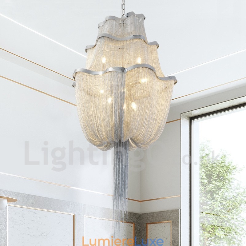 Lustre à pampilles design, suspension couleur argent et or