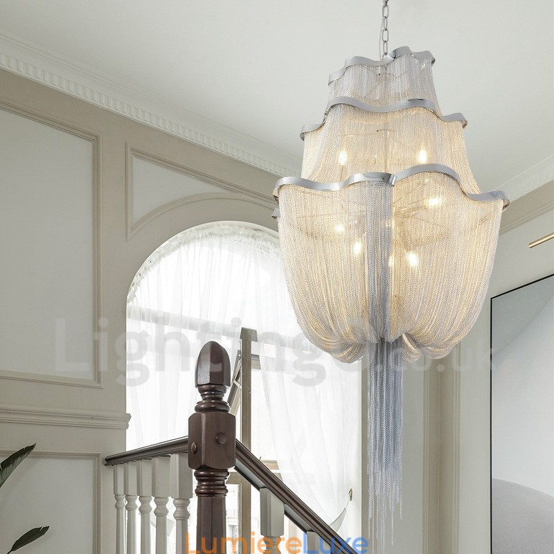 Lustre à pampilles design, suspension couleur argent et or