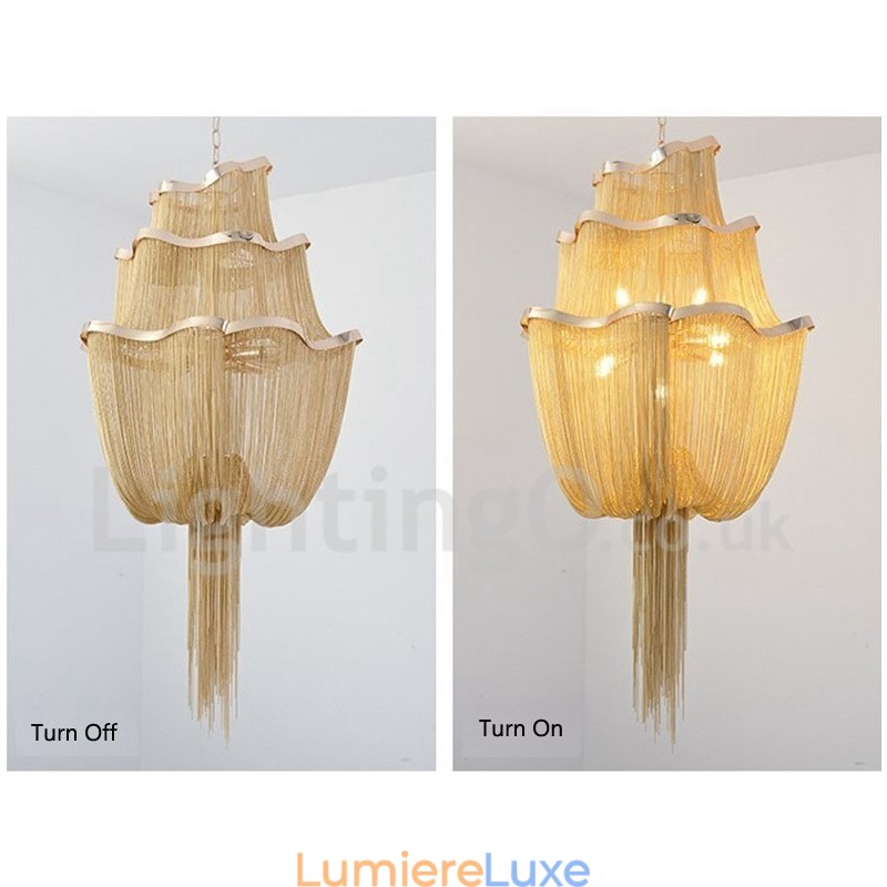 Lustre à pampilles design, suspension couleur argent et or
