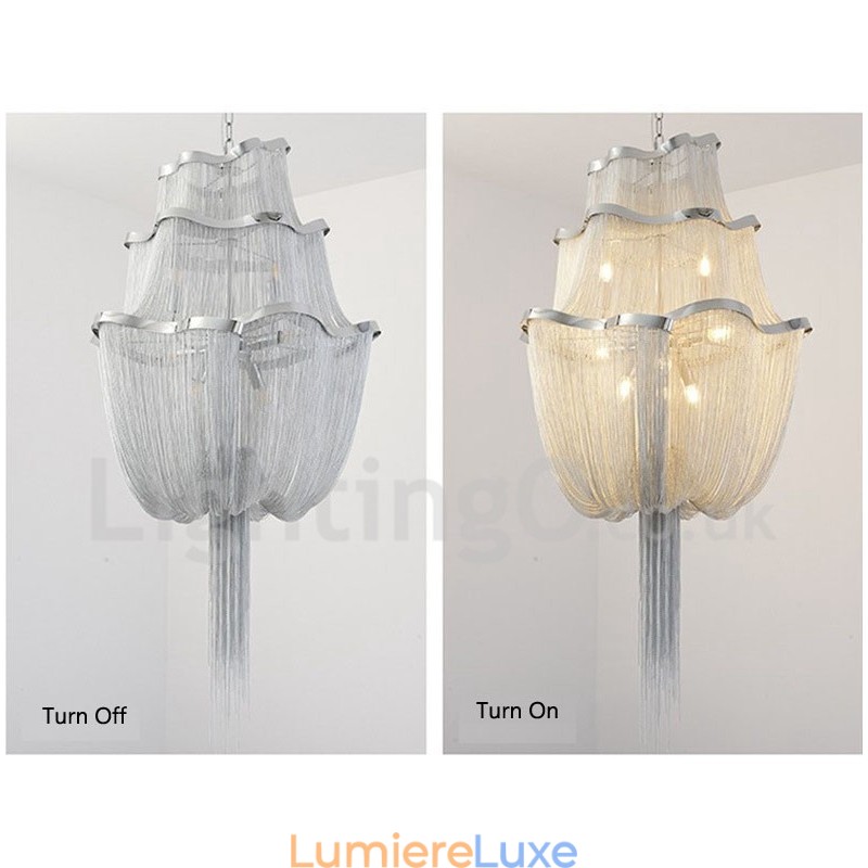 Lustre à pampilles design, suspension couleur argent et or