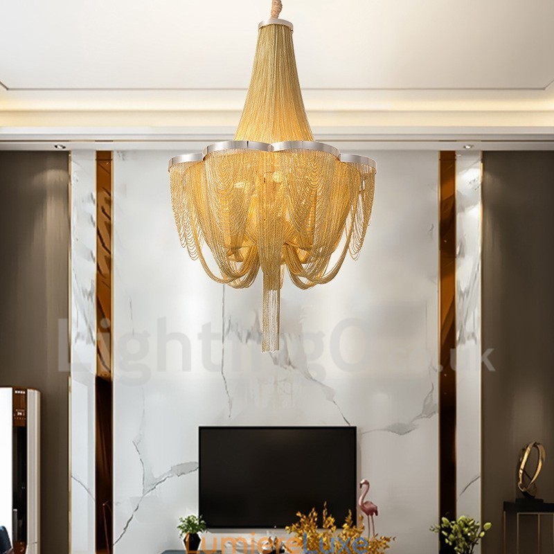 Lustre à pampilles design, suspension couleur argent et or