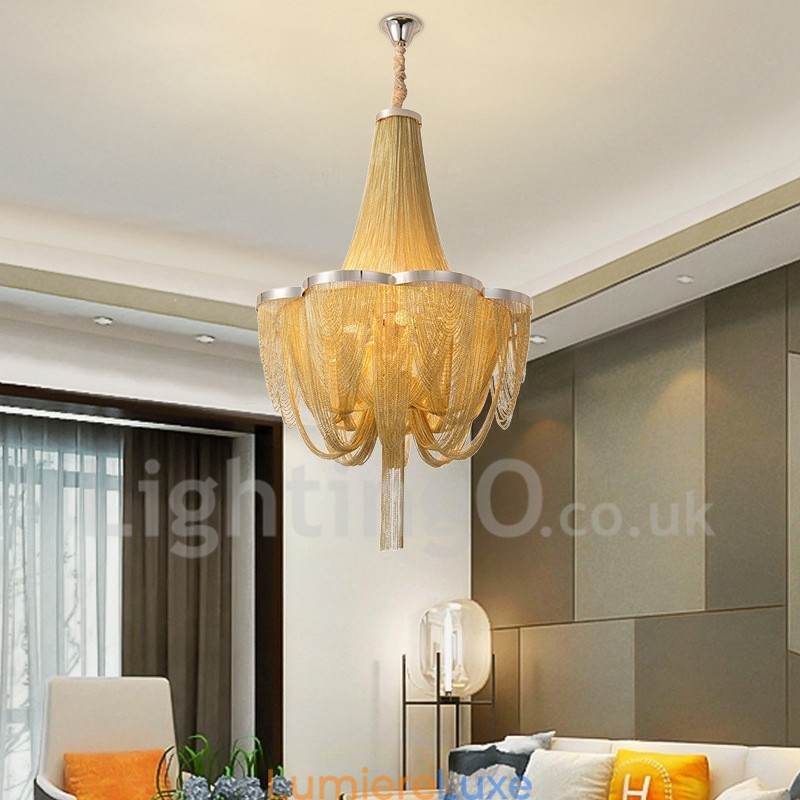 Lustre à pampilles design, suspension couleur argent et or