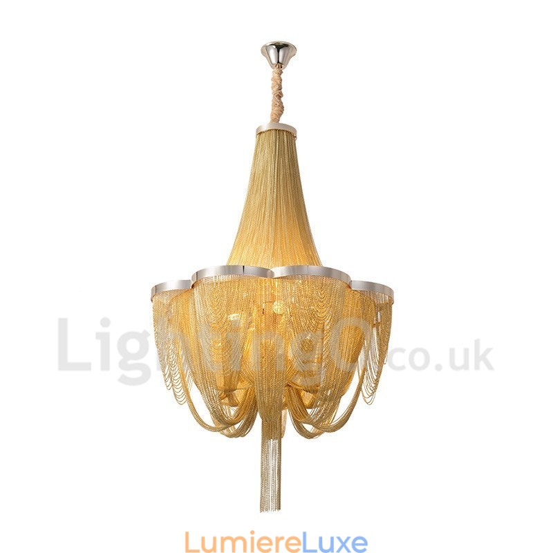 Lustre à pampilles design, suspension couleur argent et or