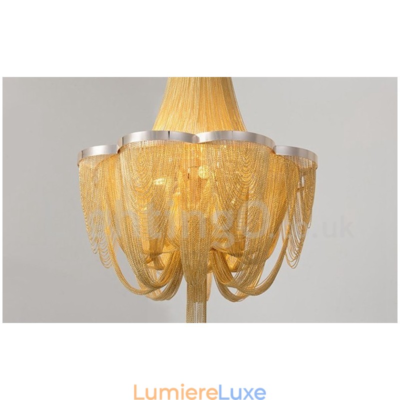 Lustre à pampilles design, suspension couleur argent et or