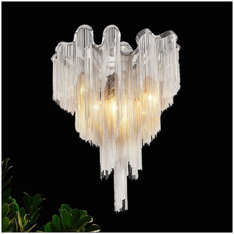 Lustre à pampilles design, plafonnier couleur argent et or