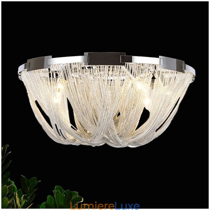 Lustre à pampilles design, plafonnier couleur argent et or