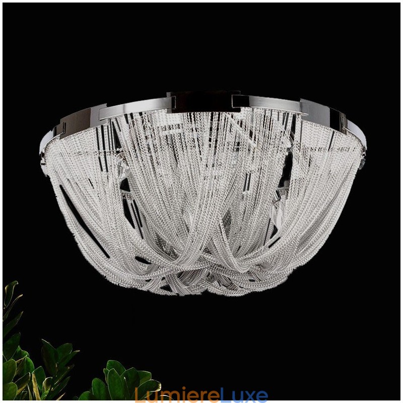 Lustre à pampilles design, plafonnier couleur argent et or