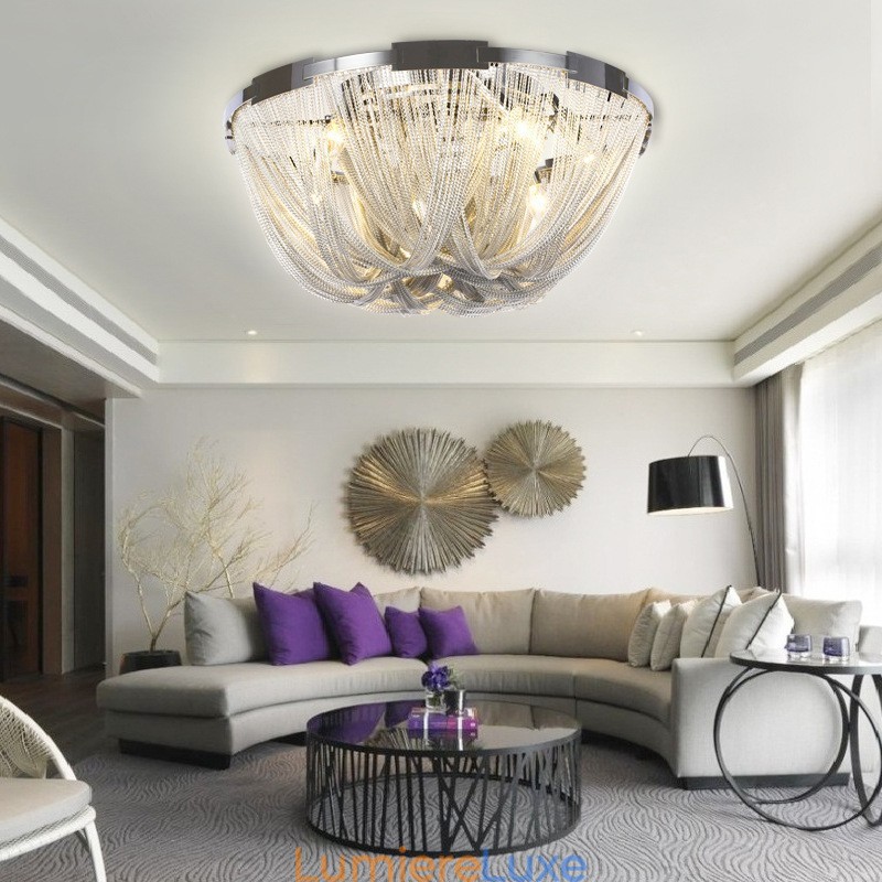 Lustre à pampilles design, plafonnier couleur argent et or