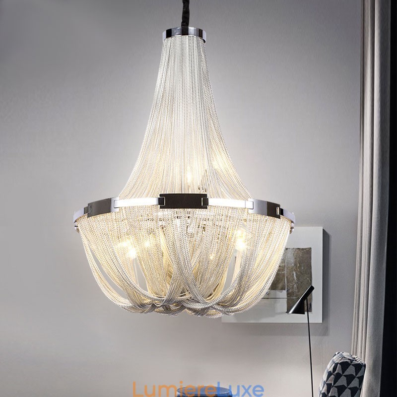 Lustre à pampilles design, suspension couleur argent et or