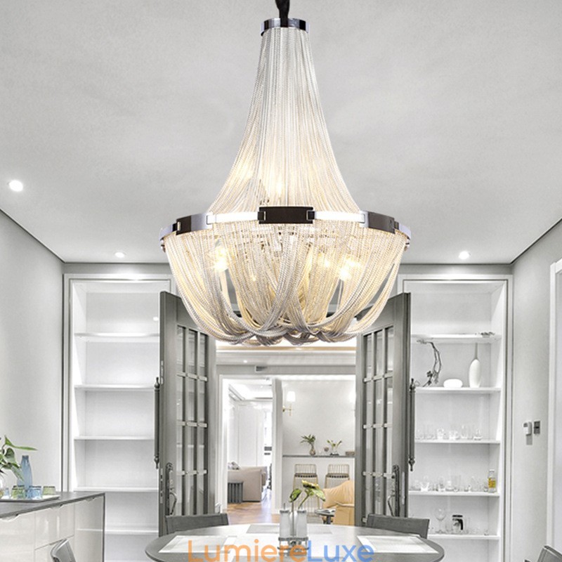 Lustre à pampilles design, suspension couleur argent et or