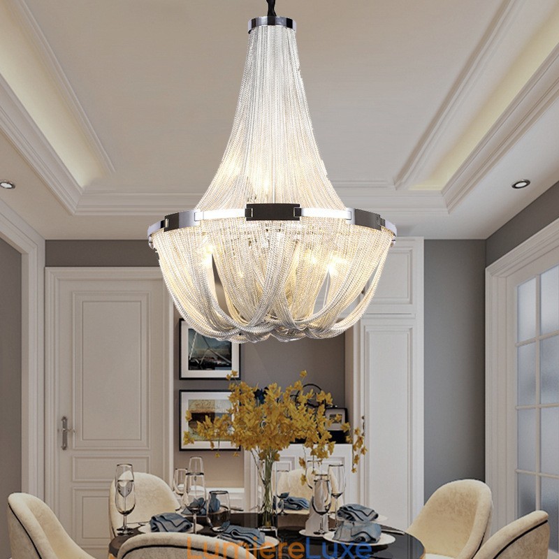 Lustre à pampilles design, suspension couleur argent et or