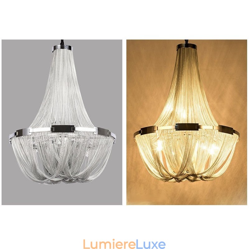 Lustre à pampilles design, suspension couleur argent et or