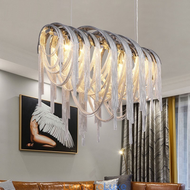 Lustre à pampilles design, suspension couleur argent et or