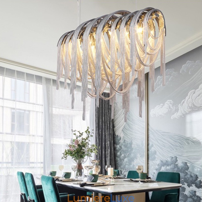 Lustre à pampilles design, suspension couleur argent et or