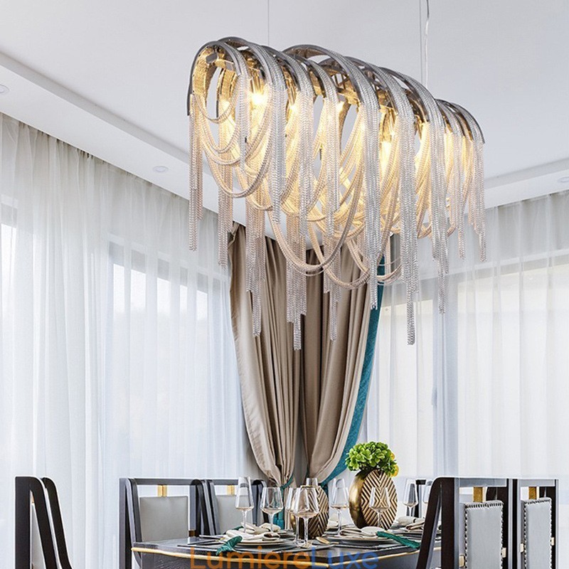 Lustre à pampilles design, suspension couleur argent et or