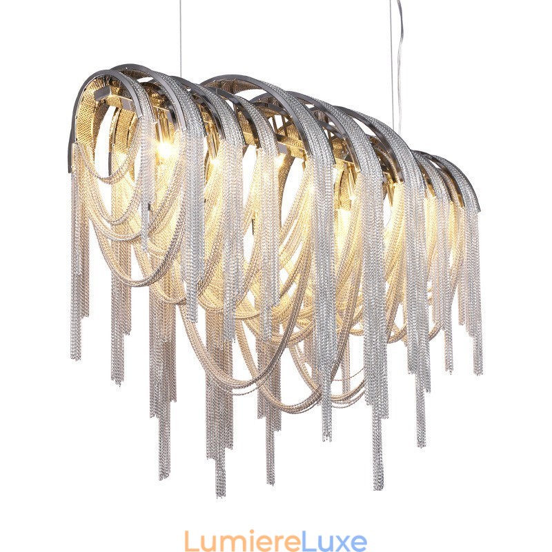 Lustre à pampilles design, suspension couleur argent et or