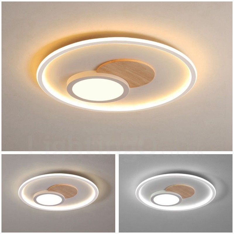 Plafonniers ronds en bois à intensité variable, style nordique contemporain moderne, avec télécommande, pouvant également être utilisés comme applique murale