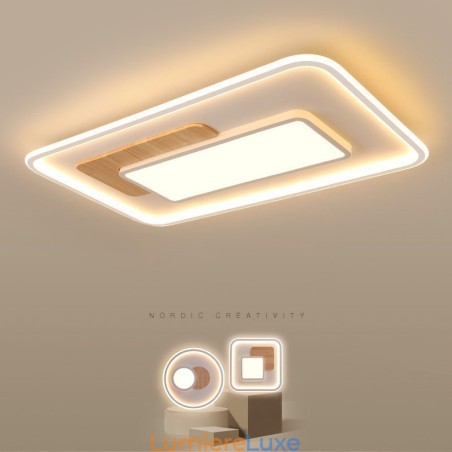 Plafonniers rectangulaires en bois à intensité variable, de style nordique moderne et contemporain, avec télécommande, peuvent également être utilisés comme applique murale. Plafonniers rectangulaires en bois à intensité variable, de style nordique moderne et contemporain, avec télécommande, peuvent également être utilisés comme applique murale.