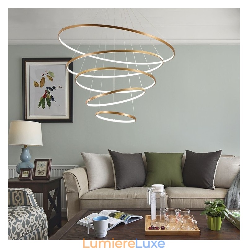 Grande suspension 4 anneaux 5 anneaux noir blanc or design moderne