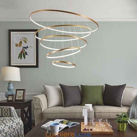 Grande suspension 4 anneaux 5 anneaux noir blanc or design moderne Grande suspension 4 anneaux 5 anneaux noir blanc or design moderne